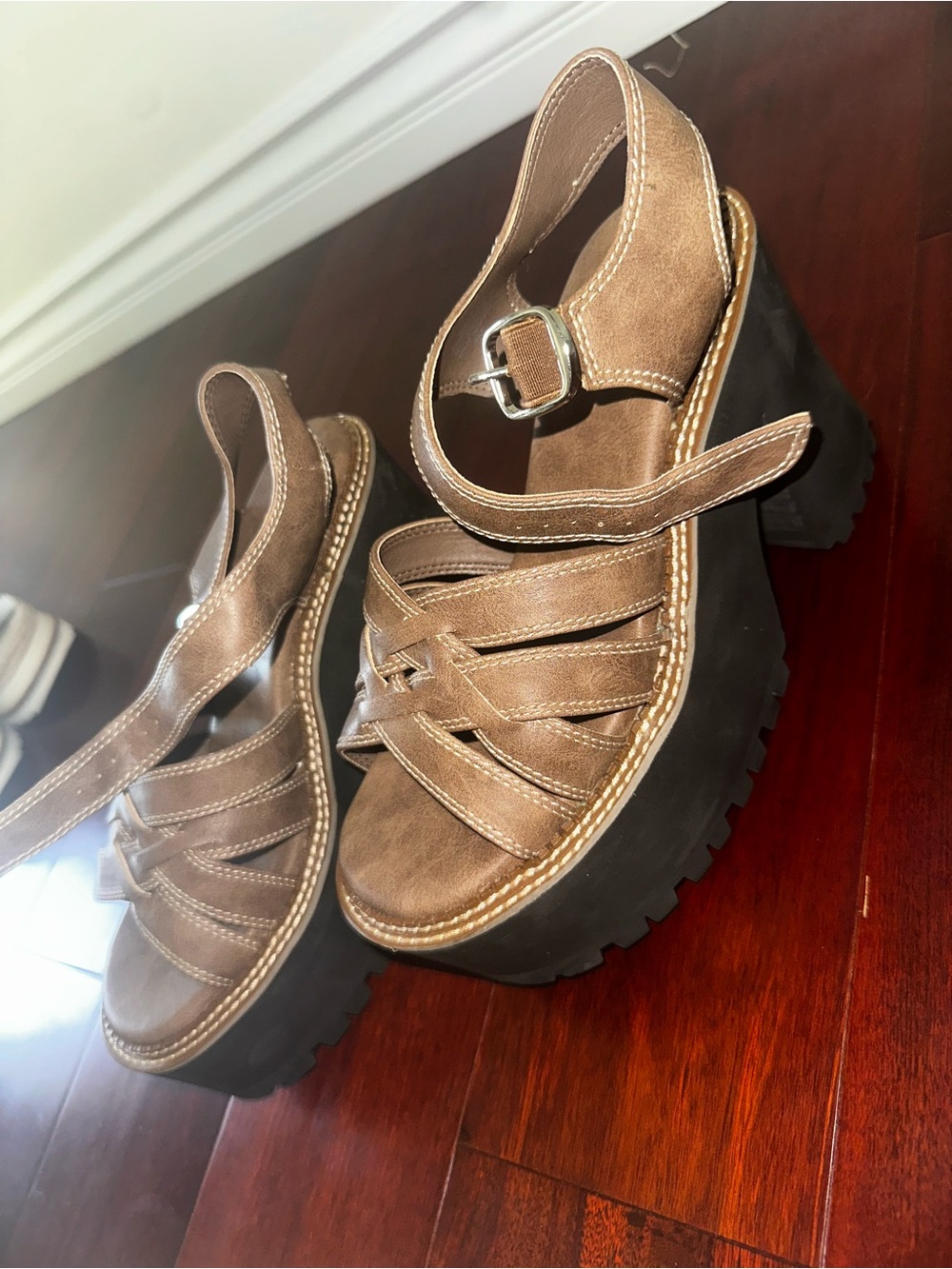 Dolls Kill Brown Leather-Look Platform Sandals